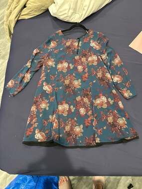 Kimchi Blue Urban Outfitters Teal Floral Long Sleeve Raw Hem Mini Dress